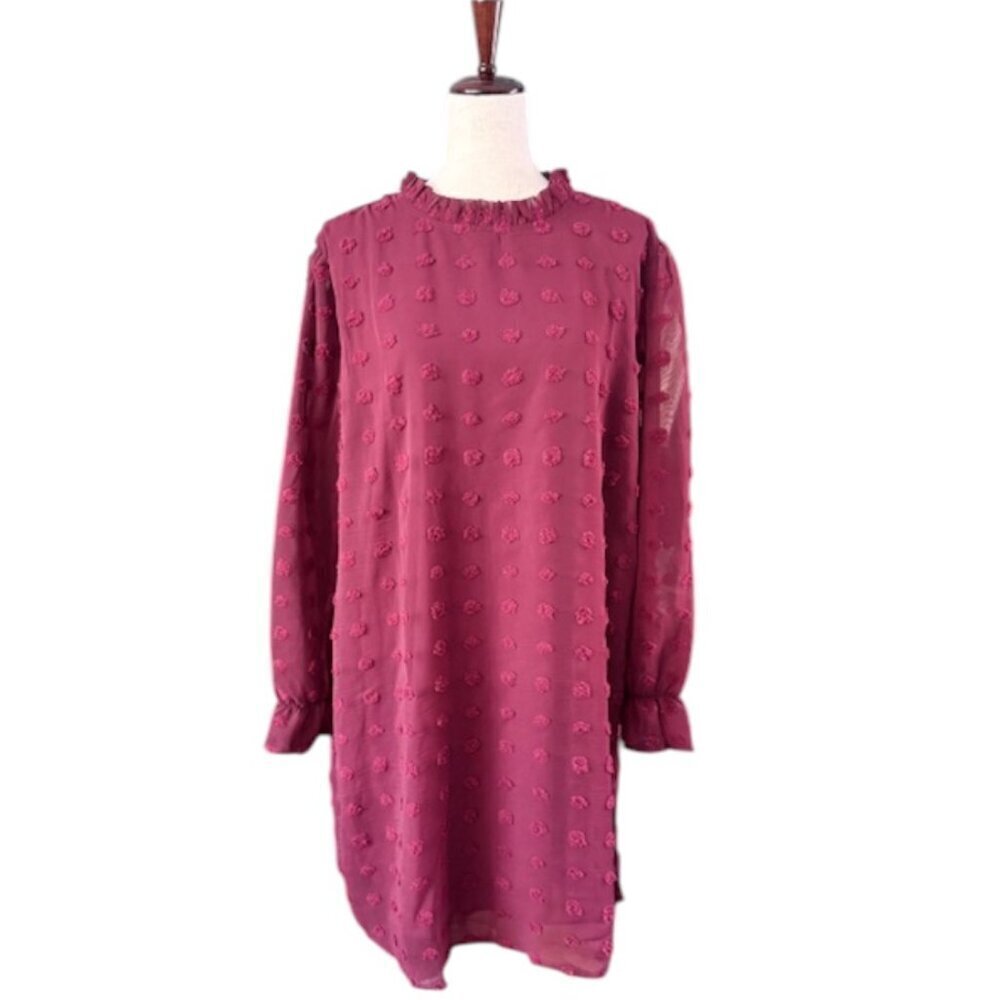 Adibosy Burgundy Ruffle Mock Neck Chiffon Lined Mini Dress Long Sleeve Plus 2XL - Picture 4 of 14